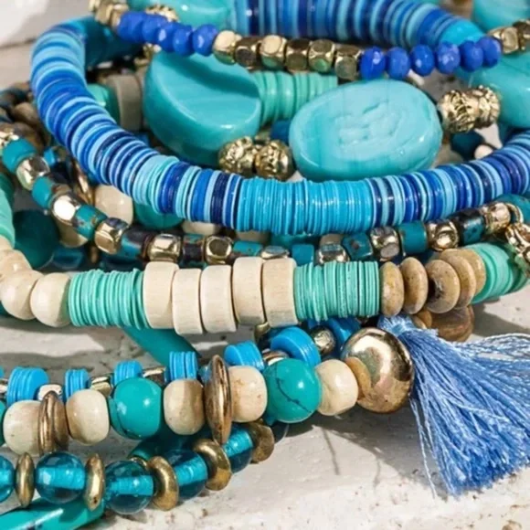 SOLD OUT Multi Layer Turquoise Charm Beaded Wood Metal Gold Bead Stretch - Picture 5 of 7